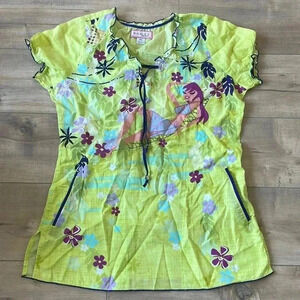 4/$25 Koi Scrub Blouse Hawaiian Girl Beach Sz XS